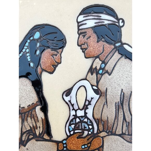 Signed L Kuhne Handmade Ceramic Tile Trivet 6x6 Wedding Vase Legend Southwest - Picture 3 of 5